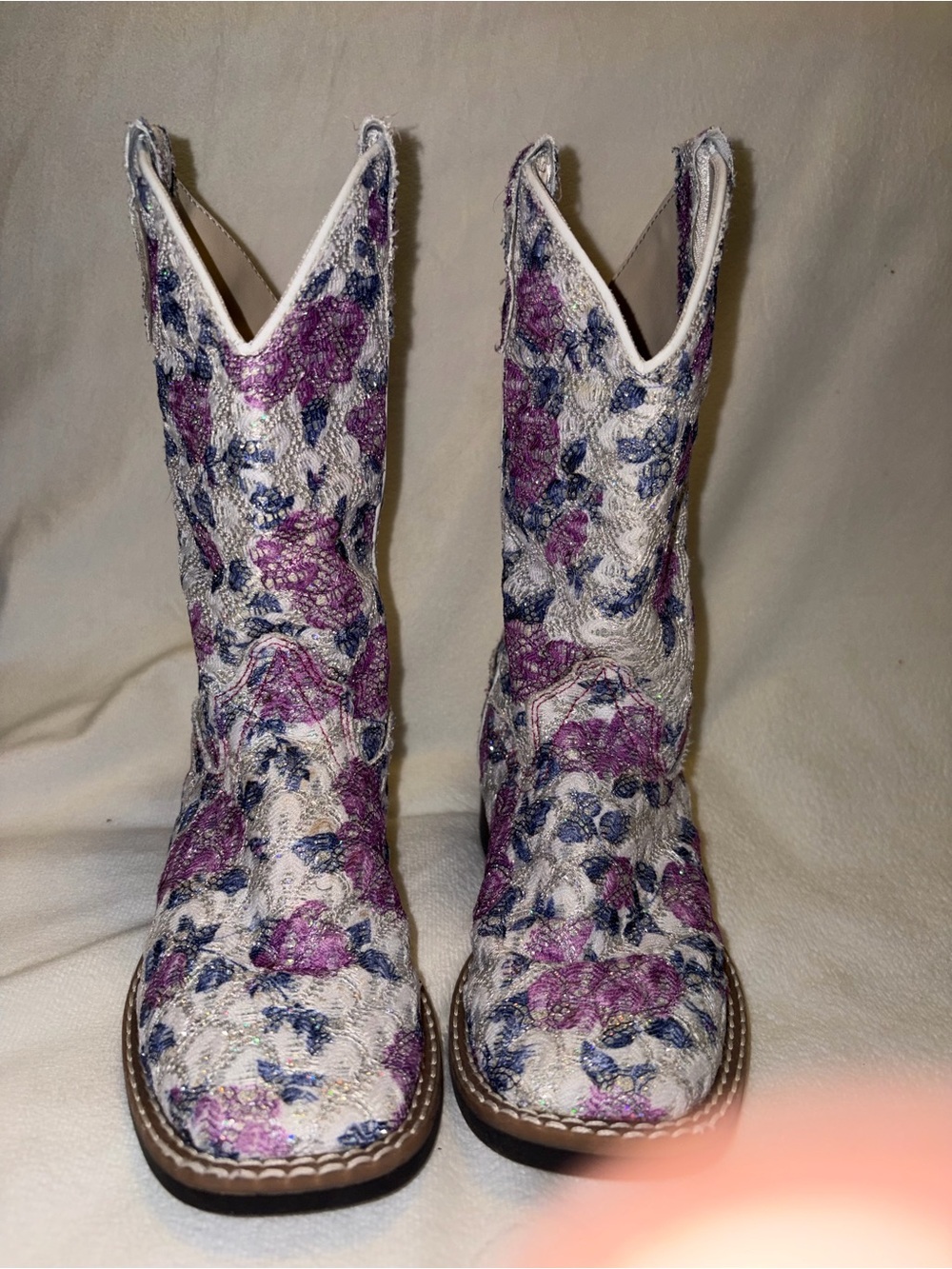 Old West sparkly Floral cowgirl Boots - Purple/Blue on Cream kid size 12